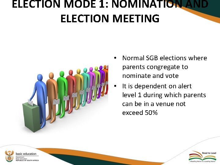 ELECTION MODE 1: NOMINATION AND ELECTION MEETING • Normal SGB elections where parents congregate