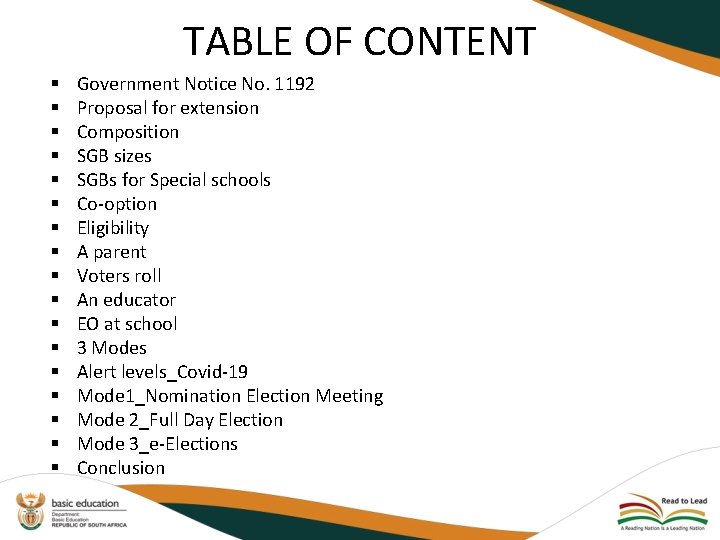TABLE OF CONTENT § § § § § Government Notice No. 1192 Proposal for