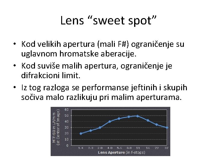 Lens “sweet spot” • Kod velikih apertura (mali F#) ograničenje su uglavnom hromatske aberacije.