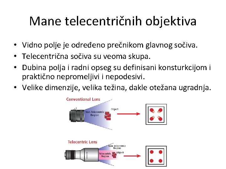 Mane telecentričnih objektiva • Vidno polje je određeno prečnikom glavnog sočiva. • Telecentrična sočiva