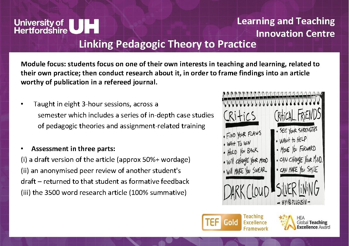 Learning and Teaching Innovation Centre Linking Pedagogic Theory to Practice Module focus: students focus