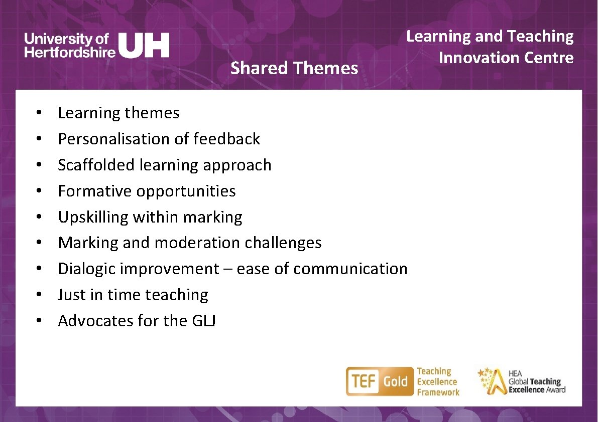 Shared Themes • • • Learning and Teaching Innovation Centre Learning themes Personalisation of