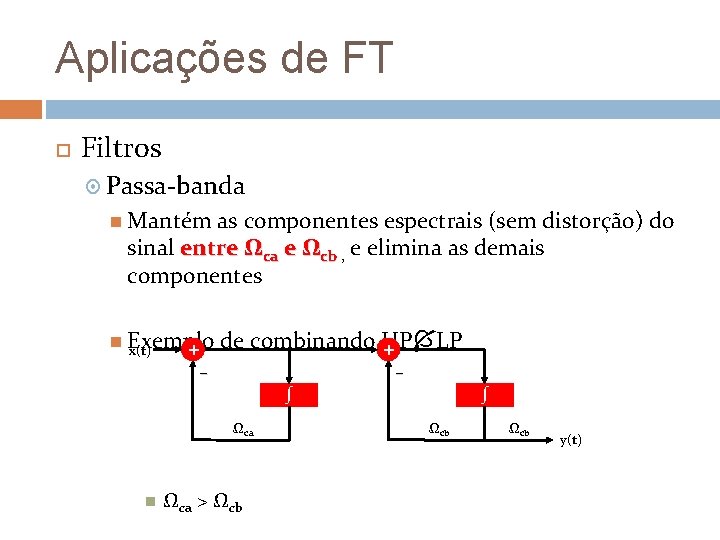 Aplicações de FT Filtros Passa-banda Mantém as componentes espectrais (sem distorção) do sinal entre