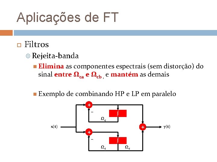 Aplicações de FT Filtros Rejeita-banda Elimina as componentes espectrais (sem distorção) do sinal entre