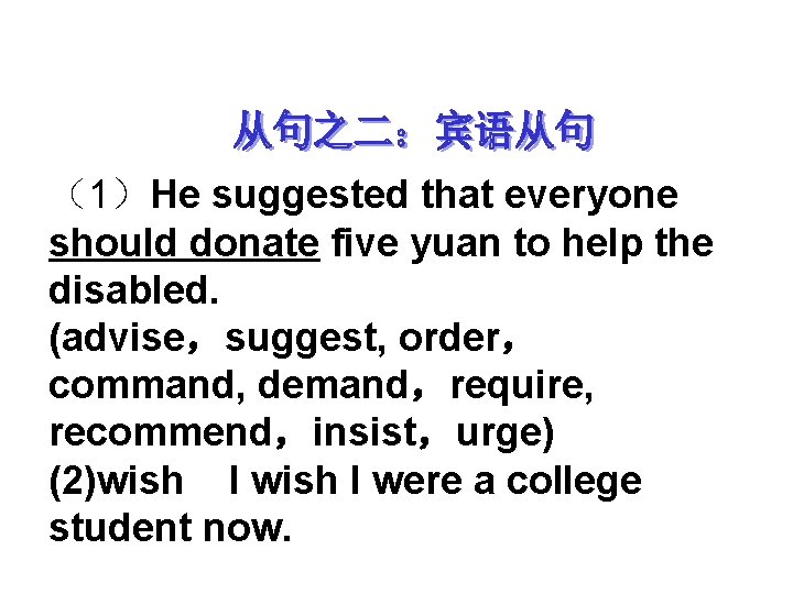 （1）He suggested that everyone should donate five yuan to help the disabled. (advise，suggest, order，