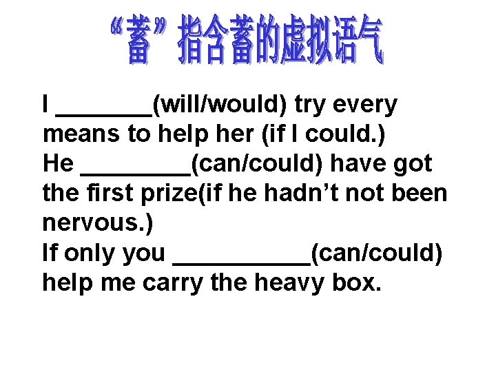 I _______(will/would) try every means to help her (if I could. ) He ____(can/could)