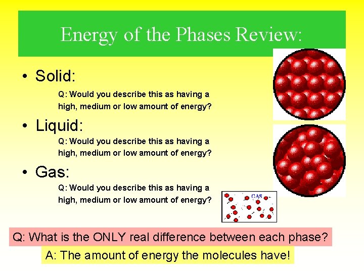 Energy of the Phases Review: • Solid: Q: Would you describe this as having