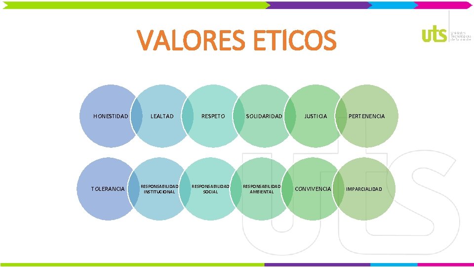 VALORES ETICOS HONESTIDAD TOLERANCIA LEALTAD RESPONSABILIDAD INSTITUCIONAL RESPETO RESPONSABILIDAD SOCIAL SOLIDARIDAD RESPONSABILIDAD AMBIENTAL JUSTICIA