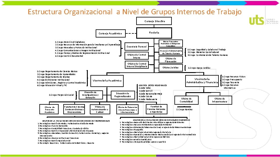 Estructura Organizacional a Nivel de Grupos Internos de Trabajo Consejo Directivo Rectoría Consejo Académico