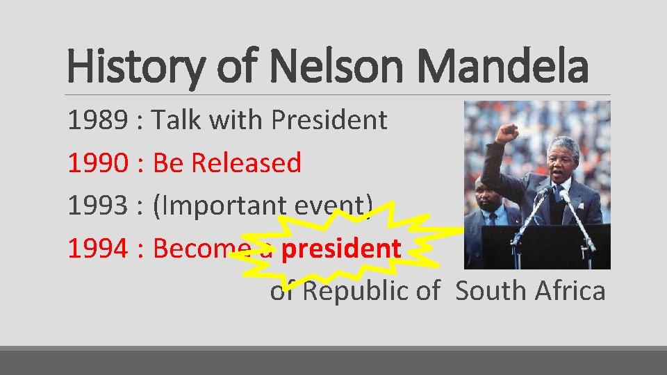 History of Nelson Mandela 1989 : Talk with President 1990 : Be Released 1993