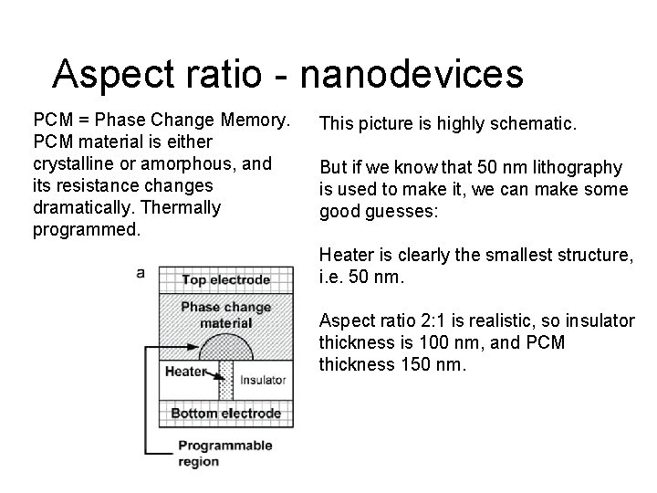 Aspect ratio - nanodevices PCM = Phase Change Memory. PCM material is either crystalline