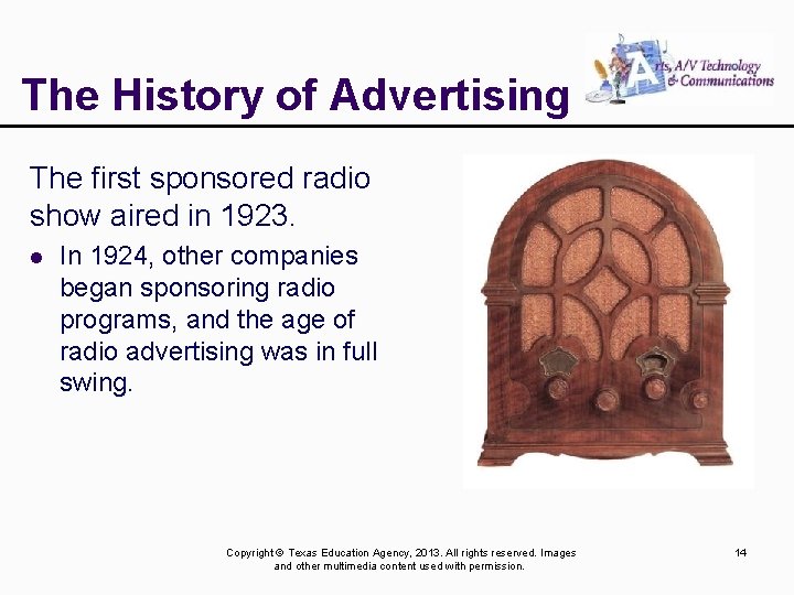 The History of Advertising The first sponsored radio show aired in 1923. l In