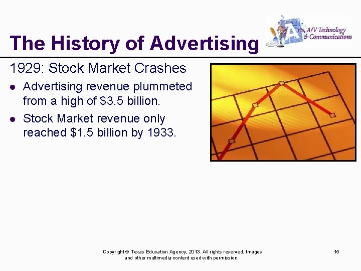 The History of Advertising 1929: Stock Market Crashes l l Advertising revenue plummeted from