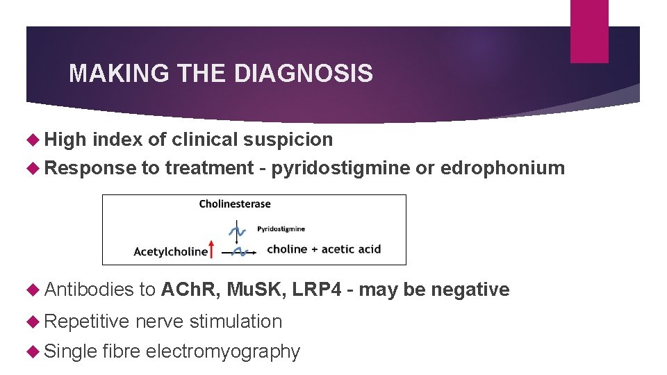 MAKING THE DIAGNOSIS High index of clinical suspicion Response to treatment – pyridostigmine or