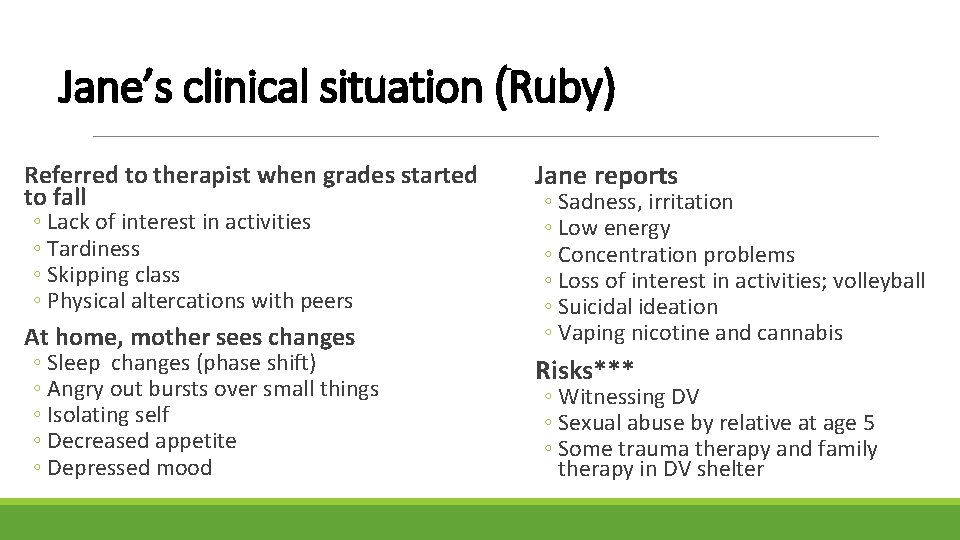 Jane’s clinical situation (Ruby) Referred to therapist when grades started to fall ◦ Lack