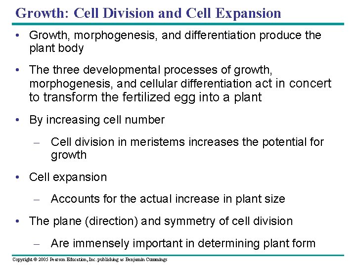 Growth: Cell Division and Cell Expansion • Growth, morphogenesis, and differentiation produce the plant