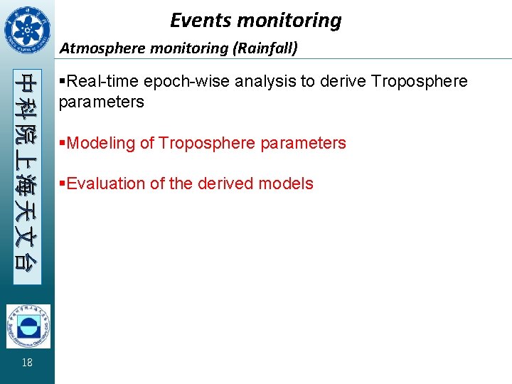 Events monitoring Atmosphere monitoring (Rainfall) 中科院上海天文台 18 §Real-time epoch-wise analysis to derive Troposphere parameters