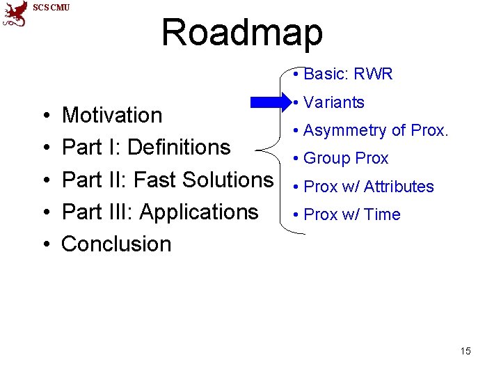 SCS CMU Roadmap • Basic: RWR • • • Motivation Part I: Definitions Part