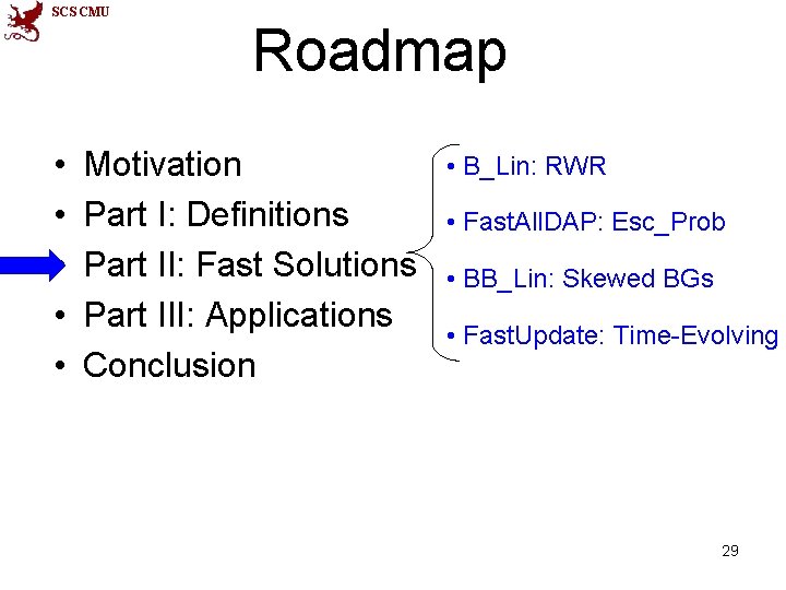 SCS CMU • • • Roadmap Motivation Part I: Definitions Part II: Fast Solutions