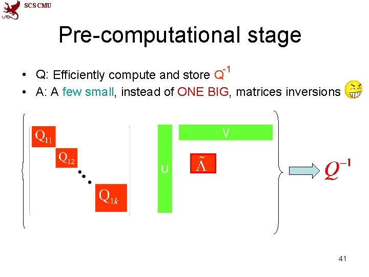 SCS CMU Pre-computational stage • Q: Efficiently compute and store Q-1 • A: A