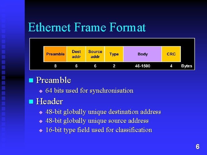 Ethernet Frame Format n Preamble u n 64 bits used for synchronisation Header u