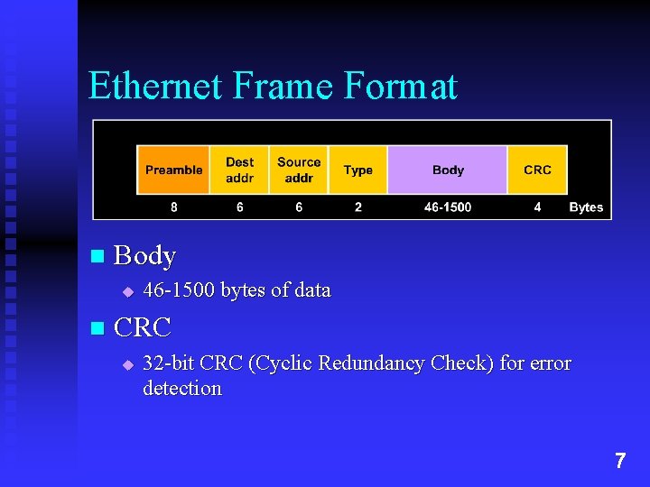 Ethernet Frame Format n Body u n 46 -1500 bytes of data CRC u