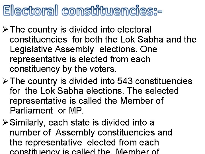  The country is divided into electoral constituencies for both the Lok Sabha and