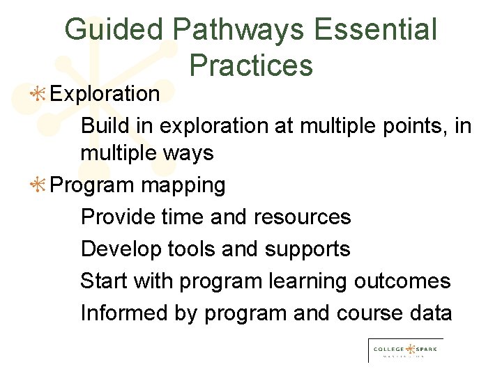 Guided Pathways Essential Practices Exploration Build in exploration at multiple points, in multiple ways
