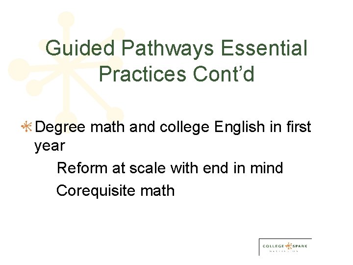 Guided Pathways Essential Practices Cont’d Degree math and college English in first year Reform