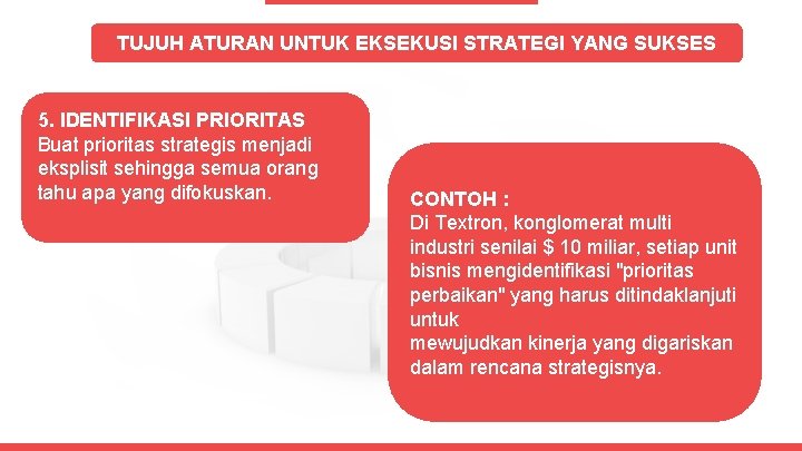 TUJUH ATURAN UNTUK EKSEKUSI STRATEGI YANG SUKSES 5. IDENTIFIKASI PRIORITAS Buat prioritas strategis menjadi