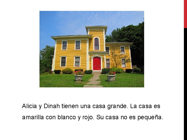 Alicia y Dinah tienen una casa grande. La casa es amarilla con blanco y