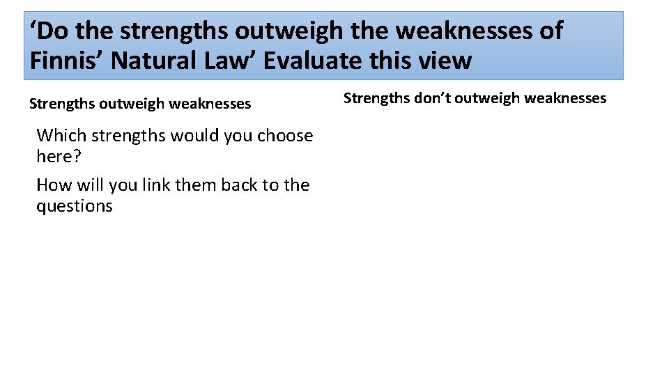 ‘Do the strengths outweigh the weaknesses of Finnis’ Natural Law’ Evaluate this view Strengths