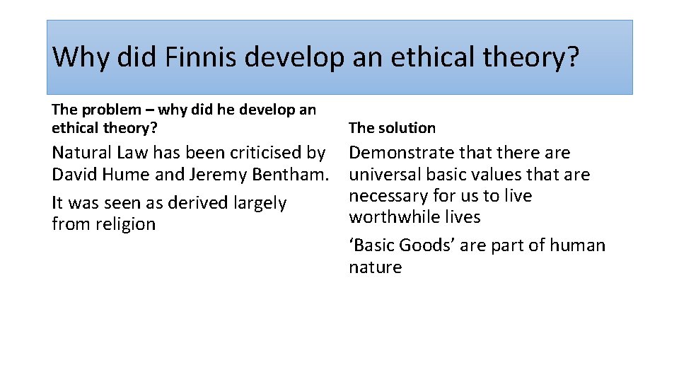 Why did Finnis develop an ethical theory? The problem – why did he develop