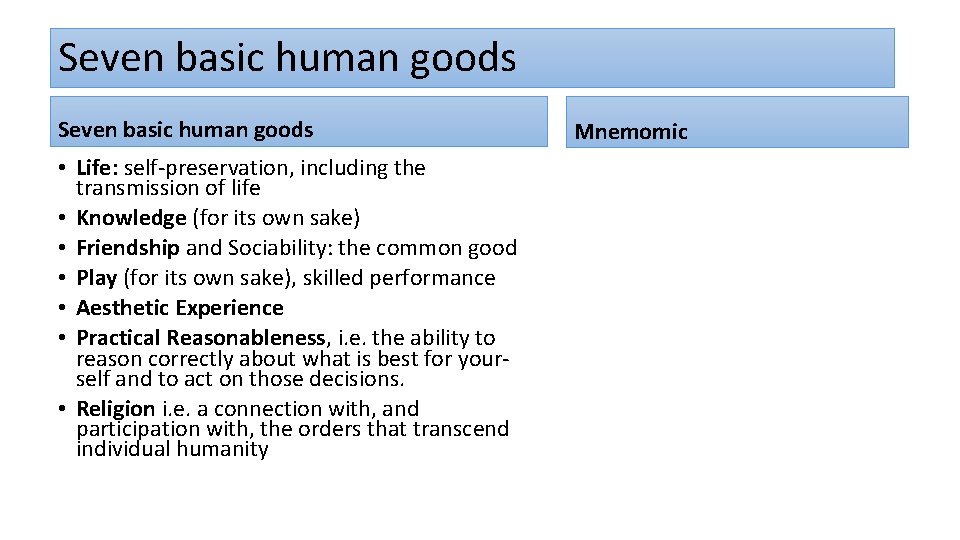 Seven basic human goods • Life: self-preservation, including the transmission of life • Knowledge