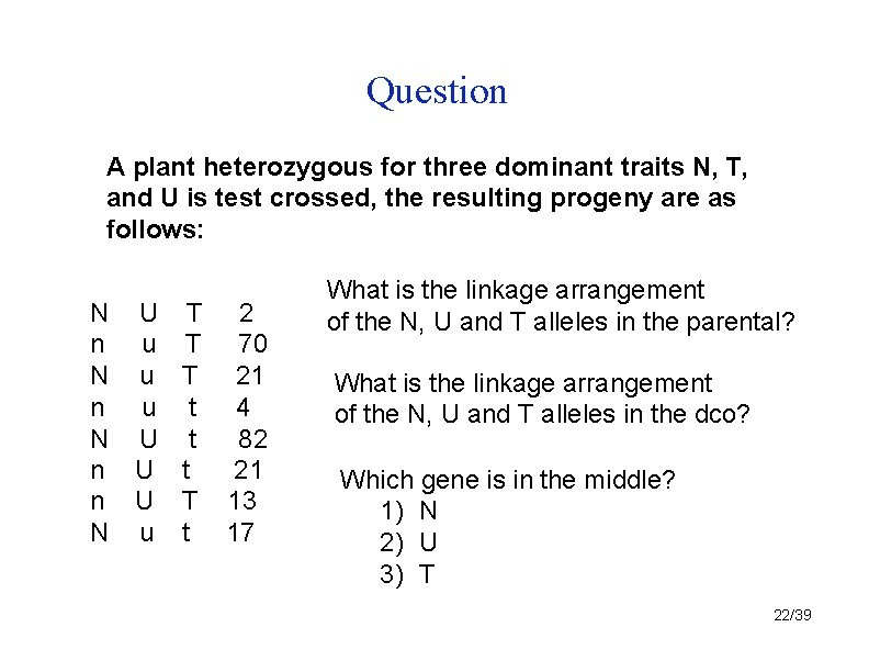 Question A plant heterozygous for three dominant traits N, T, and U is test