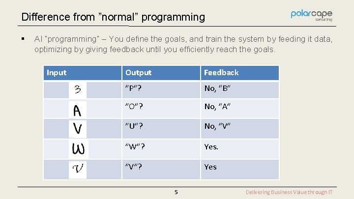 Difference from ”normal” programming § AI ”programming” – You define the goals, and train