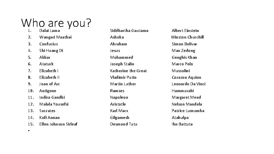 Who are you? 1. 2. 3. 4. 5. 6. 7. 8. 9. 10. 11.