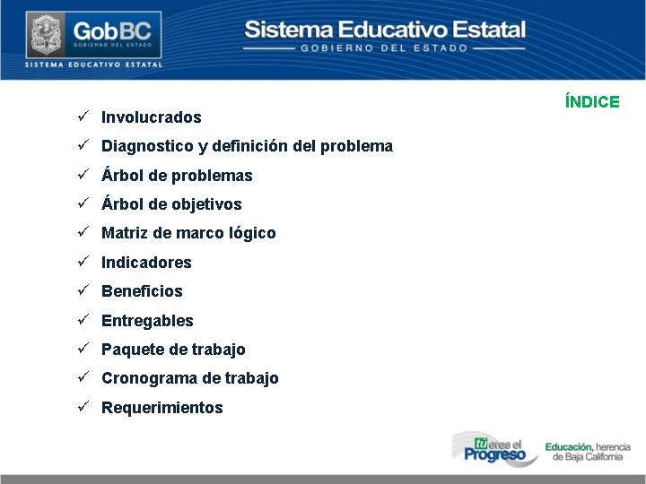 ü Involucrados ü Diagnostico y definición del problema ü Árbol de problemas ü Árbol