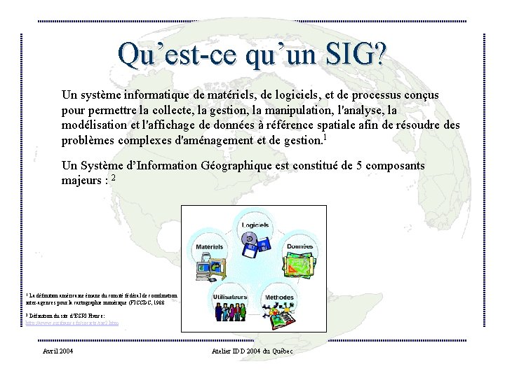 Qu’est-ce qu’un SIG? Un système informatique de matériels, de logiciels, et de processus conçus