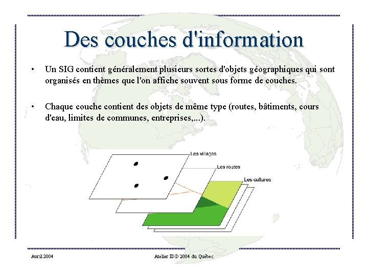 Des couches d'information • Un SIG contient généralement plusieurs sortes d'objets géographiques qui sont