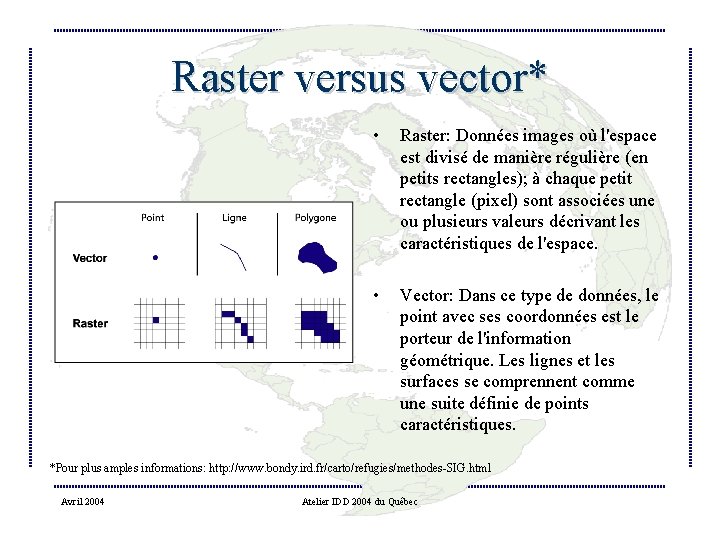 Raster versus vector* • Raster: Données images où l'espace est divisé de manière régulière