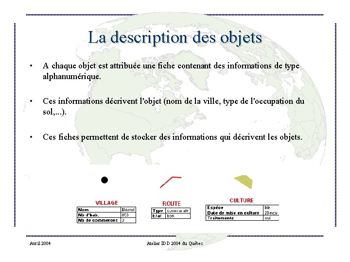 La description des objets • A chaque objet est attribuée une fiche contenant des