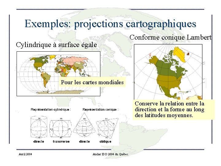 Exemples: projections cartographiques Cylindrique à surface égale Conforme conique Lambert Pour les cartes mondiales