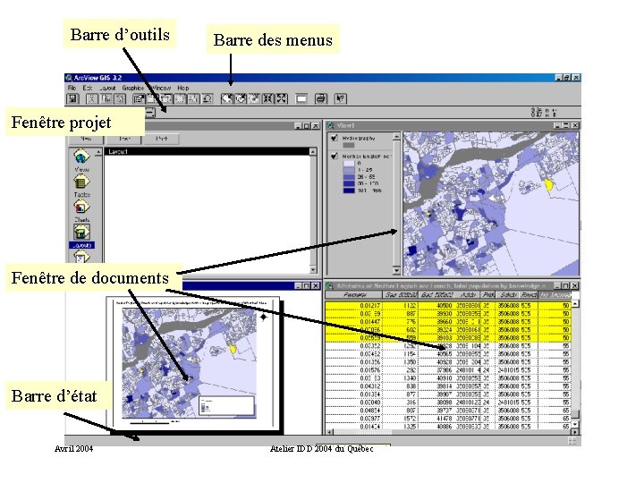 Barre d’outils Barre des menus Fenêtre projet Fenêtre de documents Barre d’état Avril 2004