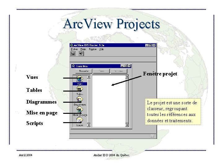 Arc. View Projects Fenêtre projet Vues Tables Diagrammes Le projet est une sorte de