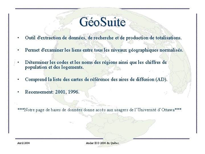 Géo. Suite • Outil d'extraction de données, de recherche et de production de totalisations.