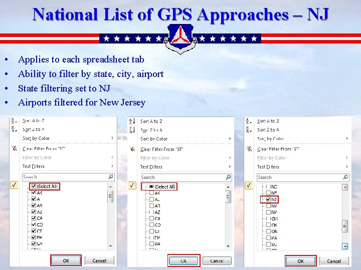 National List of GPS Approaches – NJ • • Applies to each spreadsheet tab