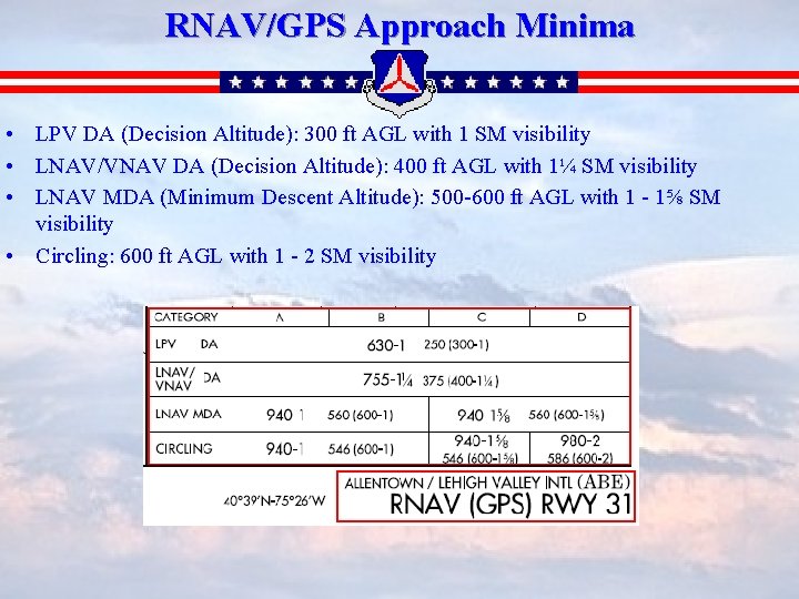 RNAV/GPS Approach Minima • LPV DA (Decision Altitude): 300 ft AGL with 1 SM