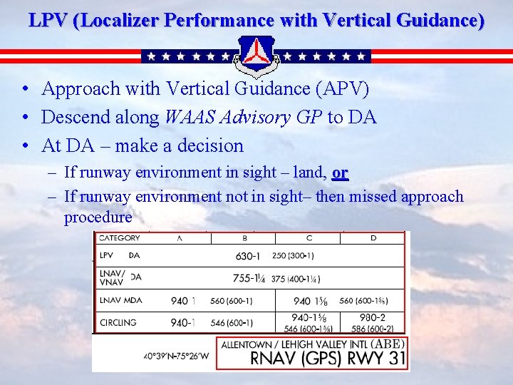LPV (Localizer Performance with Vertical Guidance) • Approach with Vertical Guidance (APV) • Descend