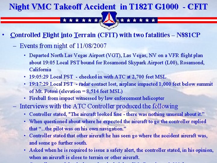 Night VMC Takeoff Accident in T 182 T G 1000 - CFIT • Controlled